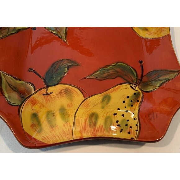 Red Plate Apple and Pear Texture Outline Design Serving Pottery 11 in X 11 in - Picture 3 of 11